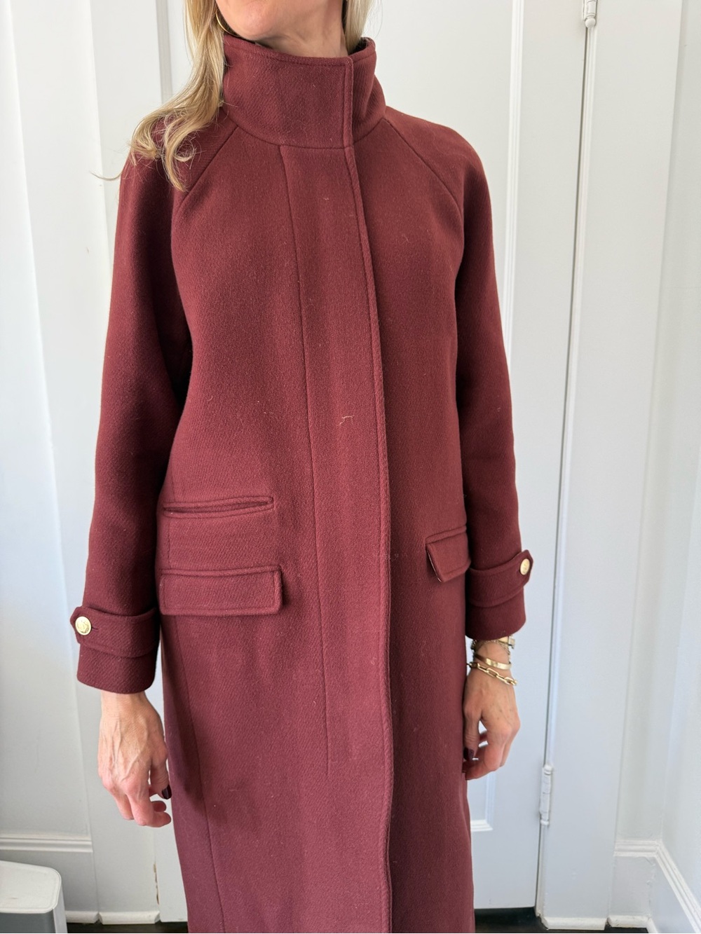 J. Crew Long Burgundy Trench Coat with Stand Collar - Picture 4 of 6